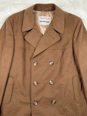 Vintage 70s Stratojac Coat Double Breasted Men's 40 Tan Suede Trench Overcoat